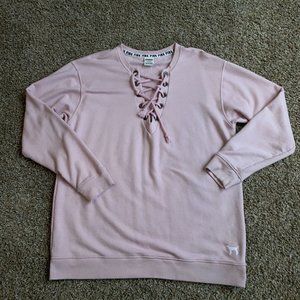 PINK Sweater Womens Medium Pink Pullover Drawstring Long Sleeve V-neck Casual